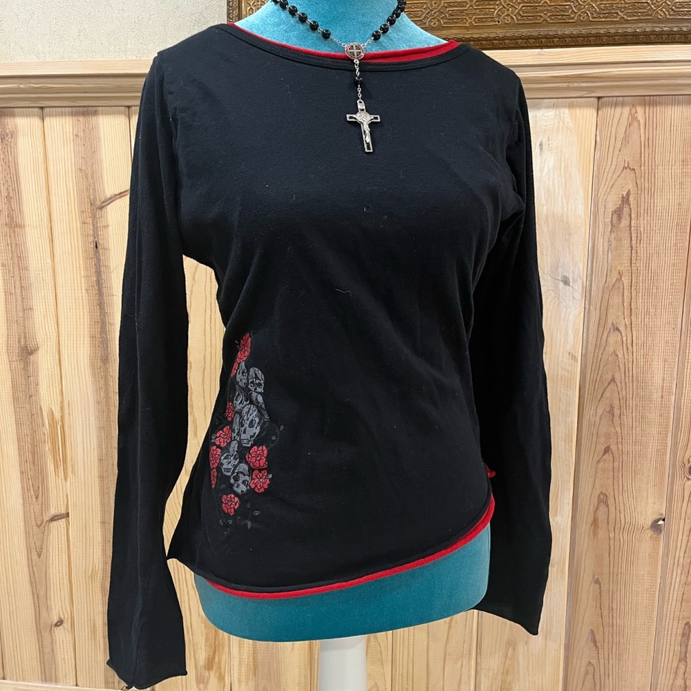 Lip Service Black Top with Red Floral Accents
